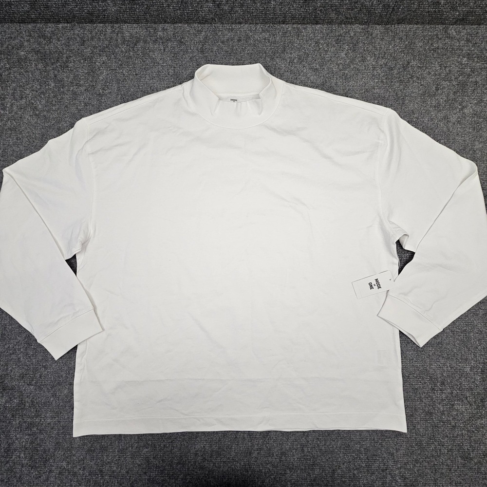 Mode Of One Men 100% Cotton Mock Neck Long Sleeve Shirt Oversize Bright White XL